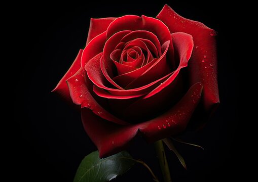 A photorealistic image of a single red rose, captured from a low angle with soft, diffused