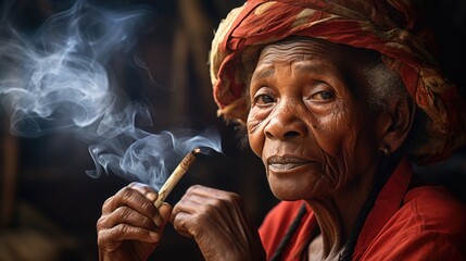 Cuban lady rolling and smoking a large cigar - obrazy, fototapety, plakaty