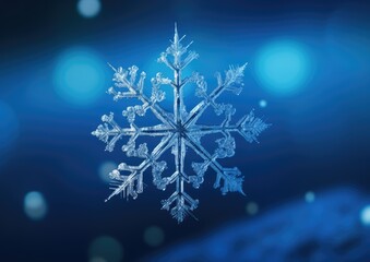 Fototapeta na wymiar A photorealistic image on a royal blue background, showcasing a close-up of a delicate snowflake