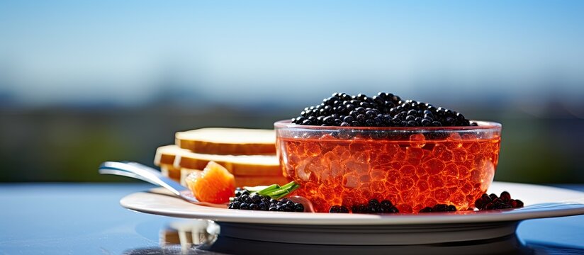 Outdoor furshet table with red and black caviar and vodka, covered and served.