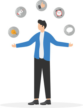 Soft skills or personal attribute to be success, confident businessman with elements of soft skills, networking, empathy, time management or communication skill, problem solving and creativity.

