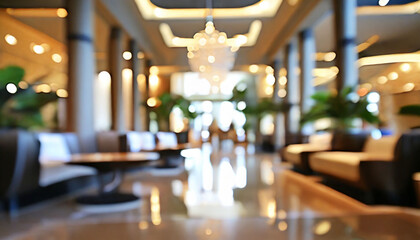 Fototapeta na wymiar Blur interior hotel lobby background with bokeh
