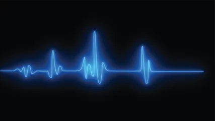 Poster Cardiogram cardiography oscilloscope screen blue vector illustration background. Emergency ekg monitoring vector. Blue glowing heart pulse. Heart beat. Electrocardiogram © MdMunna
