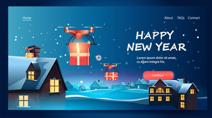 delivery drones carrying gift present boxes on snowy roofs merry christmas happy new year winter holidays airmail concept horizontal - obrazy, fototapety, plakaty