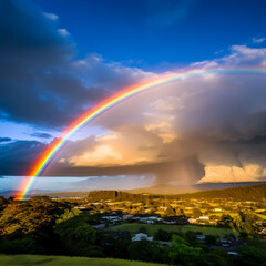 A vibrant rainbow stretching across the sky after a passing rain shower.