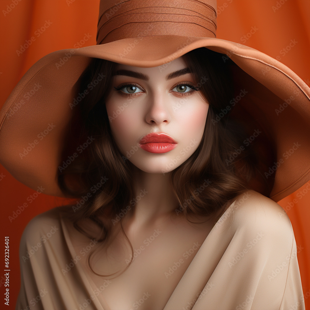 Wall mural Young beautiful fashionable woman. Hidden eyes with hat, ai technology