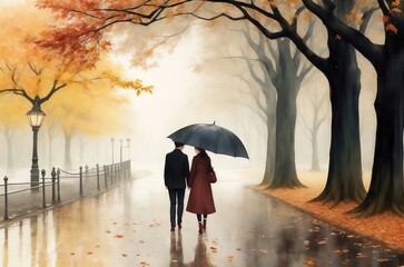A romantic autumn scene of a couple walking in a park with colorful trees and a foggy background.Created with generative AI