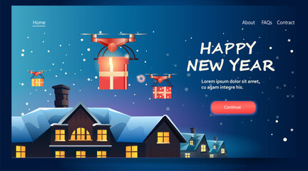 Obraz premium delivery drones carrying gift present boxes on snowy roofs merry christmas happy new year winter holidays airmail concept horizontal