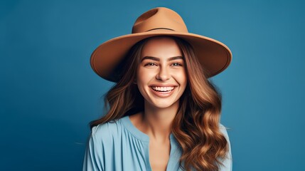 A woman in a blue hat is posing alone, with a beautiful face, cheerful spirit, optimistic outlook, and happiness.