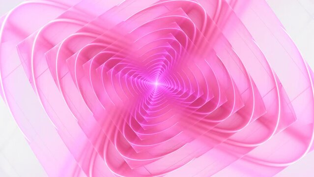 Fractal waves crossing white light in center, revolving, forming squarish corridor. Pink surreal space whirling, mesmerizing motion on white. Abstract rose luminous spiral rotation. 4K UHD 4096x2304