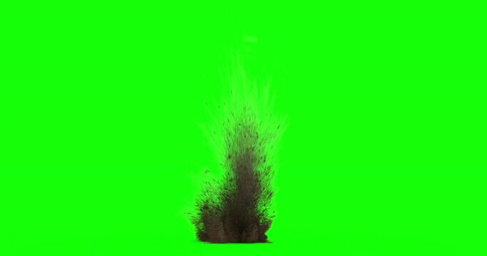 Bullet hit on dirt with chunks and debris flying. Dusty explosion on black background and green screen with alpha channel. Close up. Variations 