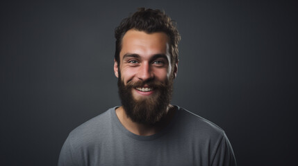 Happy young european man with beard and stylish hairstyle. Positive expression studio portrait. AI generated.