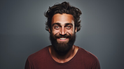 Fototapeta premium Happy young european man with beard and stylish hairstyle. Positive expression studio portrait. AI generated.
