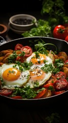 Capture a photo of a simple breakfast on a red skillet in dark tones. Aim for a casual and everyday feel, as if taken with an iPhone 15 Pro Max in a non-professional manner. 