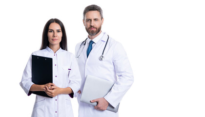 healthcare and medicine. Medicine doctor hold clipboard. medical and healthcare workers in hospital isolated on white. two doctors internist in medicine service. Health insurance. doctor clipboard - obrazy, fototapety, plakaty