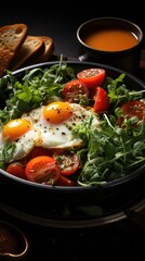 Capture a photo of a simple breakfast on a red skillet in dark tones. Aim for a casual and everyday feel, as if taken with an iPhone 15 Pro Max in a non-professional manner. 