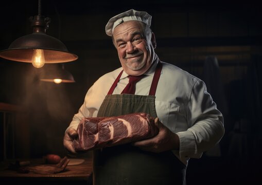 A selfie shot of a butcher proudly holding up a perfectly butchered piece of meat, capturing their