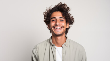 Simple emotional portrait of smiling young guy in studio. AI generated