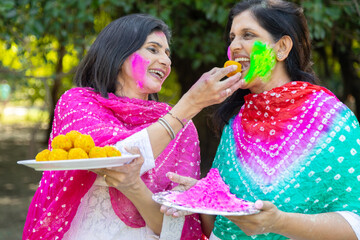 Obraz premium Two Happy indian women wearing white kurta celebrating holi festival at park or garden while holding plate of color powder or gulal and eating delicious laddu sweet