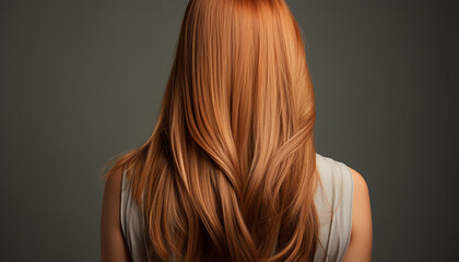 Flowing long auburn hair with natural waves, viewed from the back. - obrazy, fototapety, plakaty