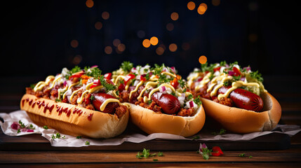Delicious hotdog with sauce on the table AI Generative - obrazy, fototapety, plakaty