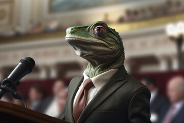 A lizard politician in a business suit, reptilian businessman conspiracy theory - obrazy, fototapety, plakaty