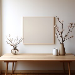Mockup of the empty blank picture frame hanging over the wooden table