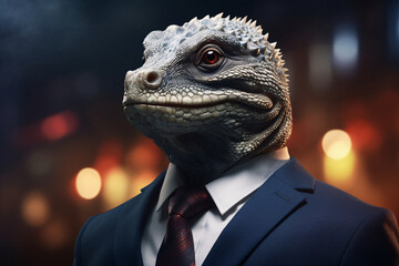 A lizard politician in a business suit, reptilian businessman conspiracy theory