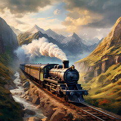 Vintage steam train chugging through a scenic mountain pass