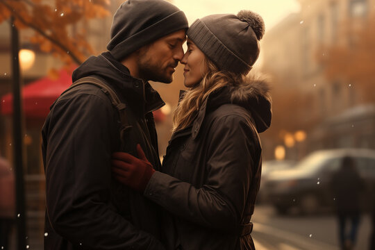 beautiful couple kissing on the street, romance, valentine's day