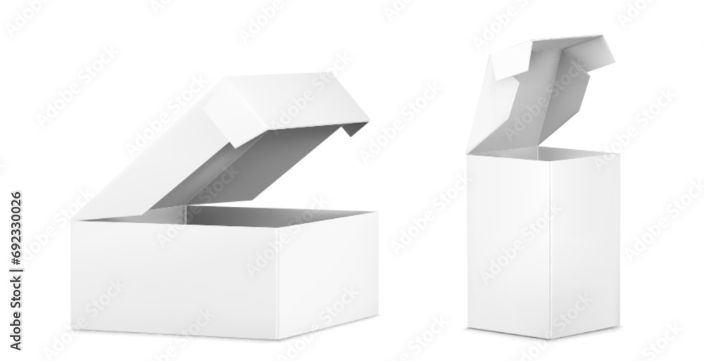 Poster cardboard box mockups set isolated on white background. vector realistic illustration of open empty 