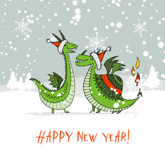 Couple of Funny Dragons in Santa hat in winter forest. Symbol of Chinese New Year 2024. Greeting card design