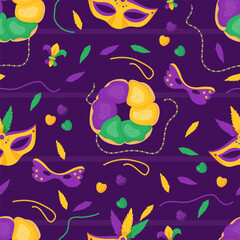 Mardi Gras carnival seamless pattern. Festive traditional King Cake with colorful icing, beads, necklaces, mask and feathers on purple background. Vector illustrations in cartoon style © Ludmila