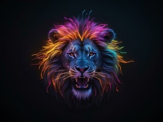 transparent glowing lion face, glowing lines, black background, for design, isolated