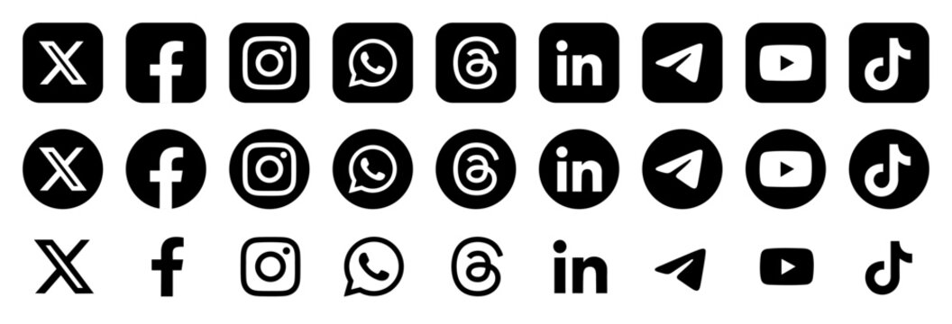 social media icon 2024. X, Threads, Facebook, Instagram, YouTube, LinkedIn, Pinterest, WhatsApp, Telegram & Tik Tok. Black and white round vector logos
