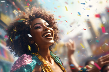 Obraz premium Portrait of a happy black woman at a pride parade, confetti in the air