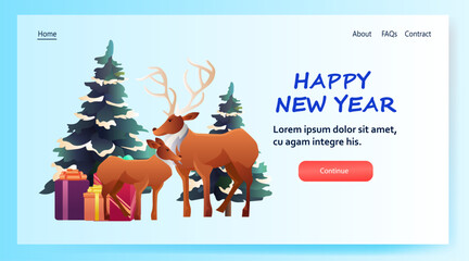 two reindeers standing together happy new year holiday celebration greeting card landscape background horizontal