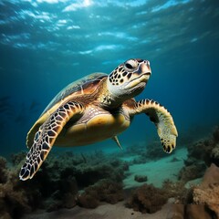 Naklejka na ściany i meble Big Sea Turtle Swimming with in ocean. Green Sea Turtle cruises in the warm waters of the Pacific Ocean