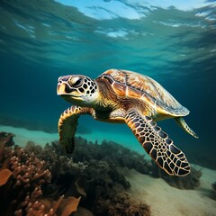 Big Sea Turtle Swimming with in ocean. Green Sea Turtle cruises in the warm waters of the Pacific Ocean