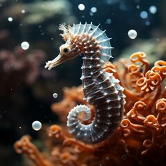  Seahorse - Hippocampus guttulatus. Wild animal. Beautiful Cute Sea horse. Underwater background
