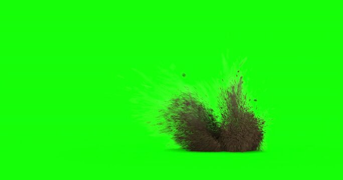 Bullet hit on dirt with chunks and debris flying. Dusty explosion on black background and green screen with alpha channel. Close up. Variations 