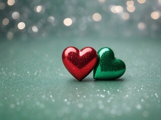 Fototapeta premium Two red and green hearts sitting on top of a green and silver glitter bokeh background with copy space