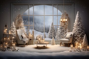 Festive room adorned with white christmas decorations