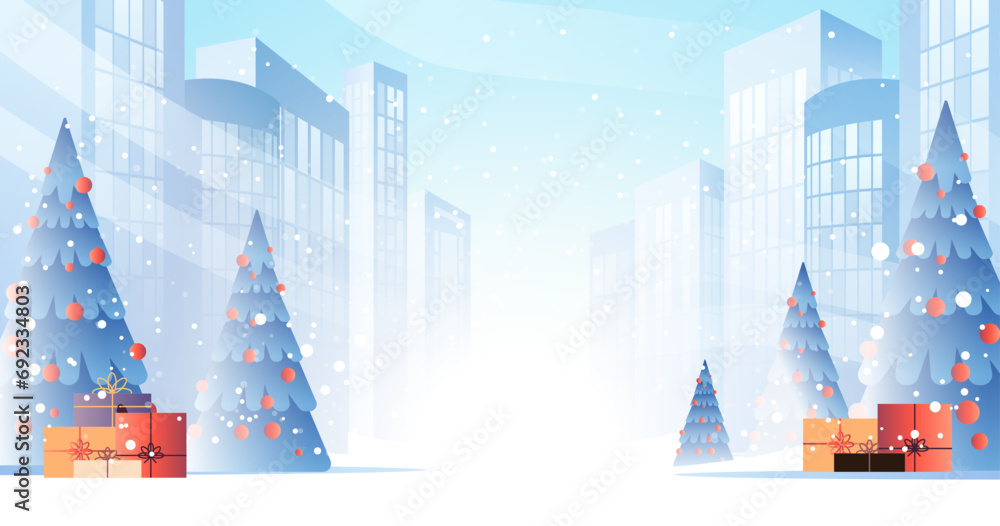 Wall mural winter snowy city street with decorated christmas trees and gift boxes happy new year holiday celebr