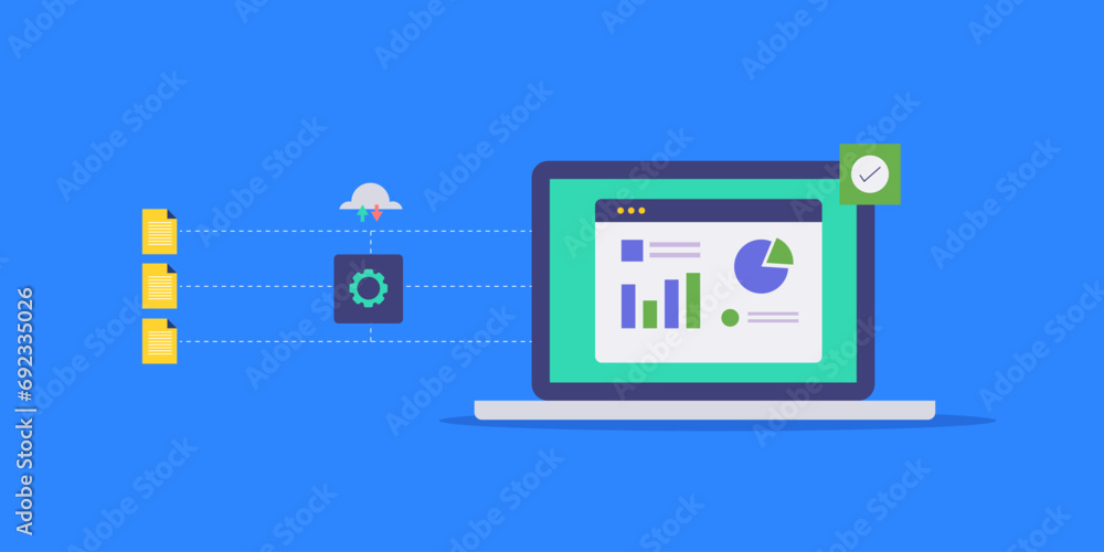 Poster data analytics process, data collection, validation and big data visualization on screen. vector ill