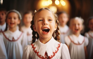 A group of Christian gospel singers celebrating the Lord Jesus Christ. The song spreads blessing, harmony in joy and faith. A group of children in a church. - obrazy, fototapety, plakaty