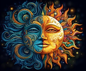 Big circle, half side as sun face and the other half as moon face, sun and moon artwork print wall art abstract canvas wall art, in the style of psychedelic patterns, surrealistic portrait - Powered by Adobe