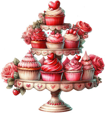 red heart cupcakes on tiered stand clip art preview