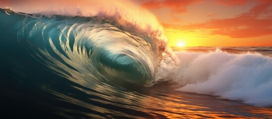 High resolution photo of stunning ocean sunset with wave crashing on shore.