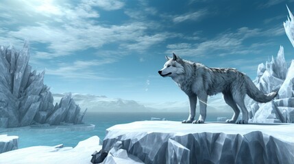 Majestic wolf standing atop a snow covered mountain